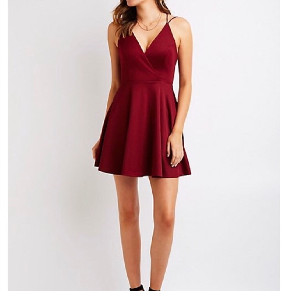 Wine Red Deep V Skater Dress Open Back